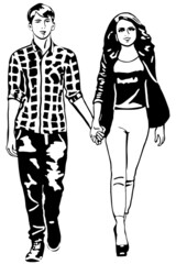 Black and white vector sketch of a guy and a girl walking holding hands
