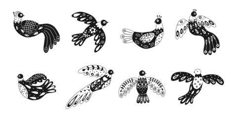 Vector collection of various birds with different folk ornaments. Set in scandinavan style. Ethnic flat illustration with nordic detailed in black and white colors