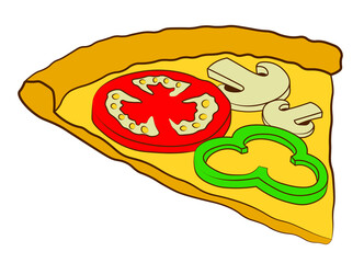 Pizza slice with tomato mushrooms and pepper fast food cartoon illustration