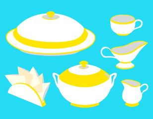 Tableware set sauce boat, cream jug, soup bowl, cup, napkin holder, food cover cloche