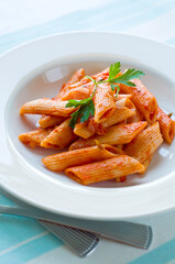 Close up of Penne pasta with tomato sauce. Scrumptious Italian cuisine.