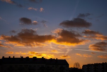 sunset and roof of the house, cityscape