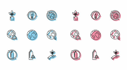Set line Recycling plastic bottle, Plant, hand of environmental protection, Earth globe, leaf, Planet earth recycling and Recycle light bulb with lightning symbol icon. Vector