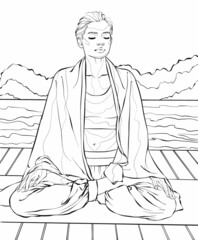 Girl doing yoga.Coloring book antistress for children and adults.Illustration isolated on white background.Zen-tangle style.Hand draw