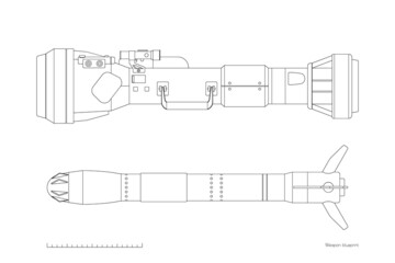 Outline rocket launcher side view. Contour antitank rifle blueprint. Isolated missile weapon. Anti-tank military gun. Armed hand grenade - obrazy, fototapety, plakaty