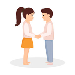 Boy and girl looking at each other and holding hands. The First love, vector illustration