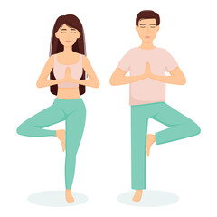 Woman and man doing yoga exercise, vector illustration