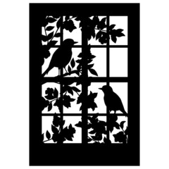 Black silhouette of a window with a bird on a blossoming tree