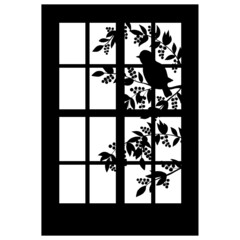 Black silhouette of a window with a bird on a blossoming tree