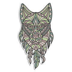 Sticker with a wolf's head with abstract patterns in ethnic style