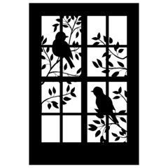 Black silhouette of a window with a bird on a blossoming tree