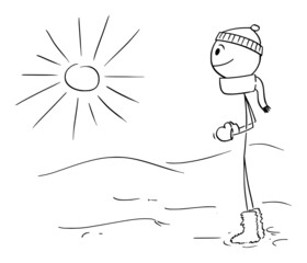 Person in Winter Watching Sun, Vector Cartoon Stick Figure Illustration