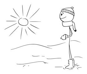 Person in Winter Watching Sun, Vector Cartoon Stick Figure Illustration