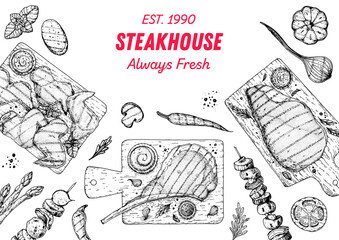 Steak House menu. Bbq grill food sketch. Menu design template. Grilled meat and vegetables frame. Vector illustration. Engraved design. Hand drawn illustration.