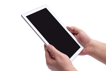 Portable tablet computer with copy space in male hands isolated on white background.