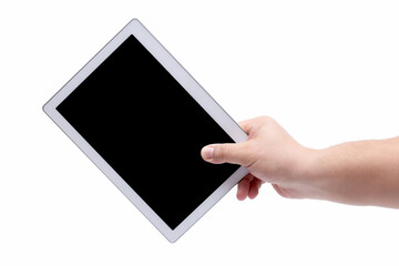 Male hand and portable tablet computer isolated on white background.