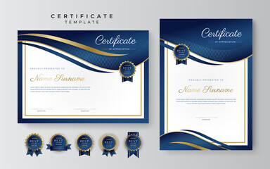 Blue and gold certificate of achievement border template with luxury badge and modern line pattern. For award, business, and education needs