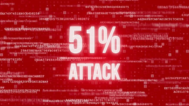 51% attack on blockchain, text on random binary code red screen - computer blockchain technology words loop animation