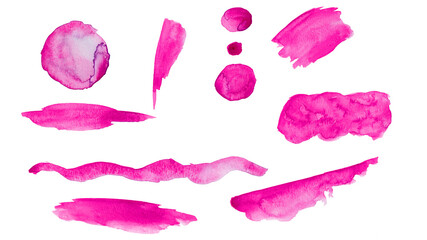 Set of pink colorful colors watercolor aquarelle brushes brushstroke template, splash circles hand drawing illustration, isolated on white background