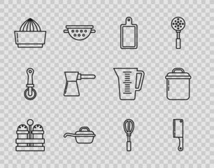 Set line Salt and pepper, Meat chopper, Cutting board, Frying pan, Citrus fruit juicer, Coffee turk, Kitchen whisk and Cooking pot icon. Vector