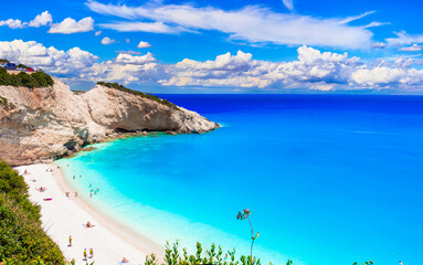 Fototapeta na wymiar Best and most beautiful beaches of Greece - Porto Katsiki with turquoise sea in Lefkada, Ionian island. Greek summer holiadys