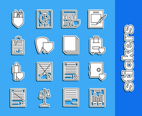 Set line Document with graph chart, Safe shield, Traveling baggage insurance, Medical hospital building, Tooth, File document and paper clip, Family and Clean icon. Vector
