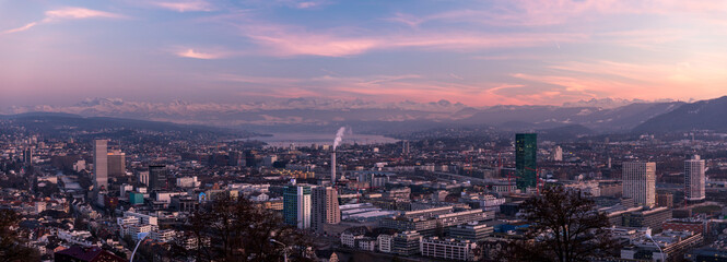 Panorama View of City Zurich at Pink and Violet Sunset