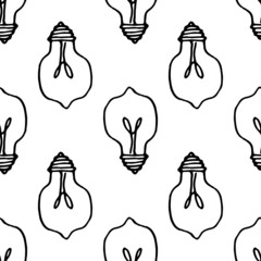 A pattern of a light bulb. A hand-drawn isolated element in doodle style, made of a round-shaped light bulb icon, a black counter often placed on white for a design template. Symbol of an idea and thi