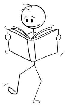 Reader Person Walking and Reading Book , Vector Cartoon Stick Figure Illustration