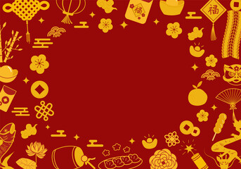 Yellow Chinese New Year frame pattern on red background.