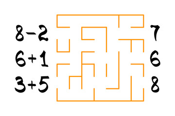 Labyrinth with numbers for children on the white background. Find the path to the correct answer. Vector flat illustration