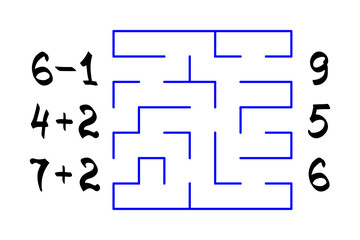 Labyrinth with numbers for children on the white background. Find the path to the correct answer. Vector flat illustration