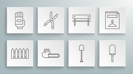 Set line Garden fence wooden, Gardening handmade scissors, Chainsaw, Shovel, trowel spade shovel, Bench, A pack full of seeds of specific plant and gloves icon. Vector