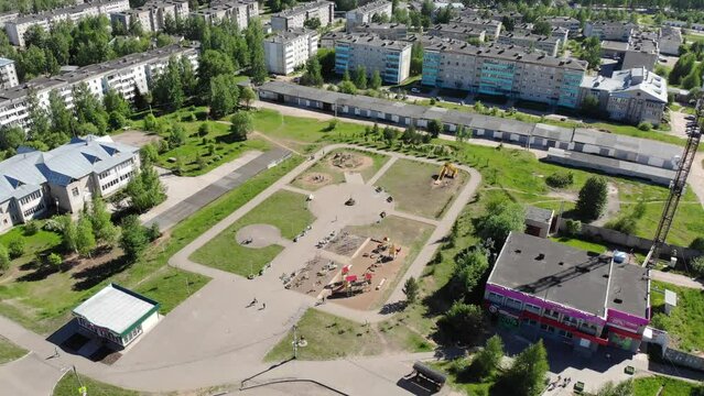 Aerial view of the playground in the Raduzhny microdistrict (Kirov, Russia)