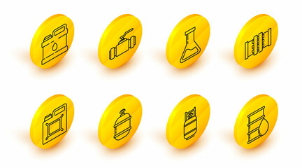 Set line Barrel oil, Propane gas tank, Canister for gasoline, Industry metallic pipes and valve, Test tube flask, and motor machine icon. Vector