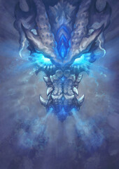 A huge white dragon in the Gothic style. Blue glowing eyes look predatory and dangerous.