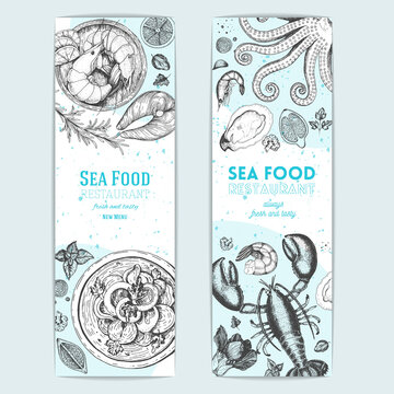 Vintage seafood banners set. Vector illustration hand drawn with ink. Cooked seafood dish on the table top view. Engraved style image.