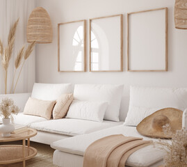 Mockup frame in interior background, room in light pastel colors, Scandi-Boho style, 3d render © artjafara