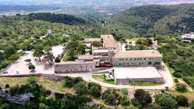 Aerial view, flight at Monastery of Santuari de Nostra Senyora de Cura on Puig de Randa mountain, Pla de Mallorca Region, Mallorca, Balearic Islands, Spain