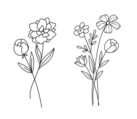 Vector sketch illustration of bouquet of flowers. Set of wildflowers in doodle style isolated on white background. Spring or summer outline cute bouquets