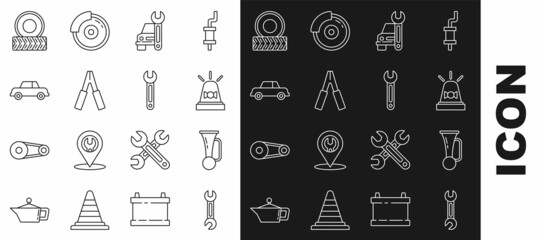 Set line Wrench, Signal horn on vehicle, Flasher siren, Car service, battery jumper power cable, wheel and icon. Vector