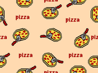 Pizza cartoon character seamless pattern on orange background.Pixel style