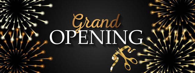 Grand opening design with ribbon, balloons and gold scissors, fireworks. Realistic Vector