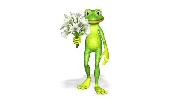 Frog Shows Flowers 3d Character Looped White Background.