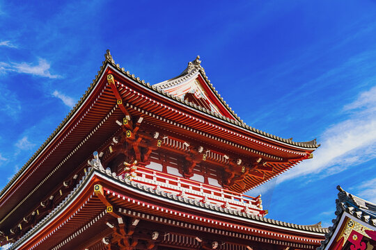 Senso-ji Temple in Tokyo Japan during an amazing sunny day with blue sky