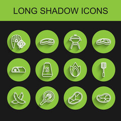 Set line Crossed sausage, Fish steak in frying pan, Fresh frozen fish, Steak meat, Salt, Spatula and Fire flame icon. Vector