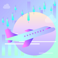 A man's hand lifts a plane into which money is poured up. Against the background of arrows and graphics. Vector of fashionable colors. For the design of social networks or other infographics banners