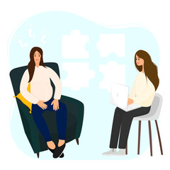 session of psychotherapy or mental help for a pregnant woman. The concept of psychological health at the reception of a psychologist. Flat vector illustration