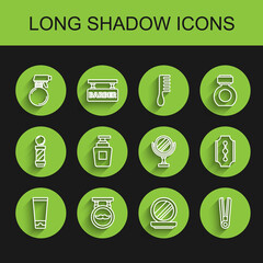 Set line Cream or lotion cosmetic tube, Barbershop, Hairdresser pistol spray bottle, Makeup powder with mirror, Curling iron for hair, Bottle of shampoo, Blade razor and Round makeup icon. Vector