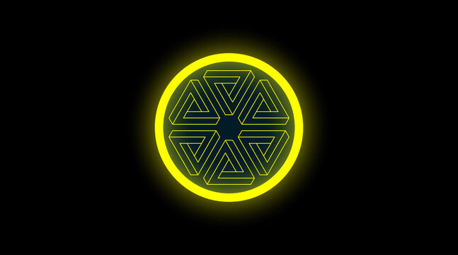 Transformation and evolution background design. Abstract geometric composition for a site. Yellow circle and penrose triangles minimalistic tempale vector illustration.